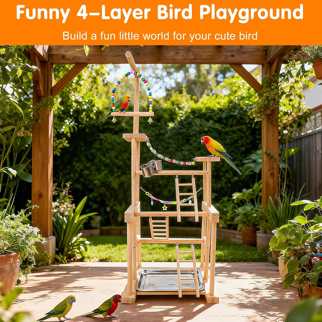 Bird Playground 4 Tier, Parrot Perch Stand Bird Play Stand with Feeder Cups, Ladder, Chain Toy, Swing and Detachable Tray, Parrot Playground for Parakeet Conure Cockatiel Lovebird Budgie