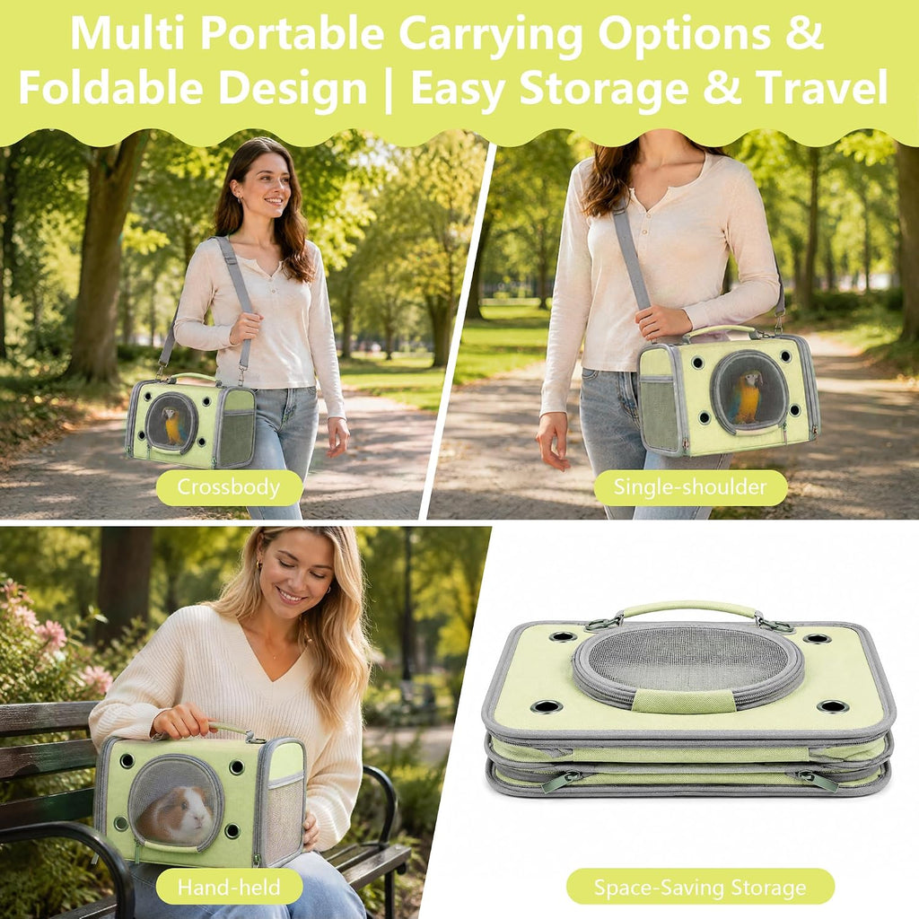 Portable Small Animal Travel Carrier, Foldable Breathable Travel Pet Cage for Hamsters, Guinea Pigs, Rabbits, Birds & Reptiles, Bird Carrier for Small Parrots & Parakeets (Large, Green)