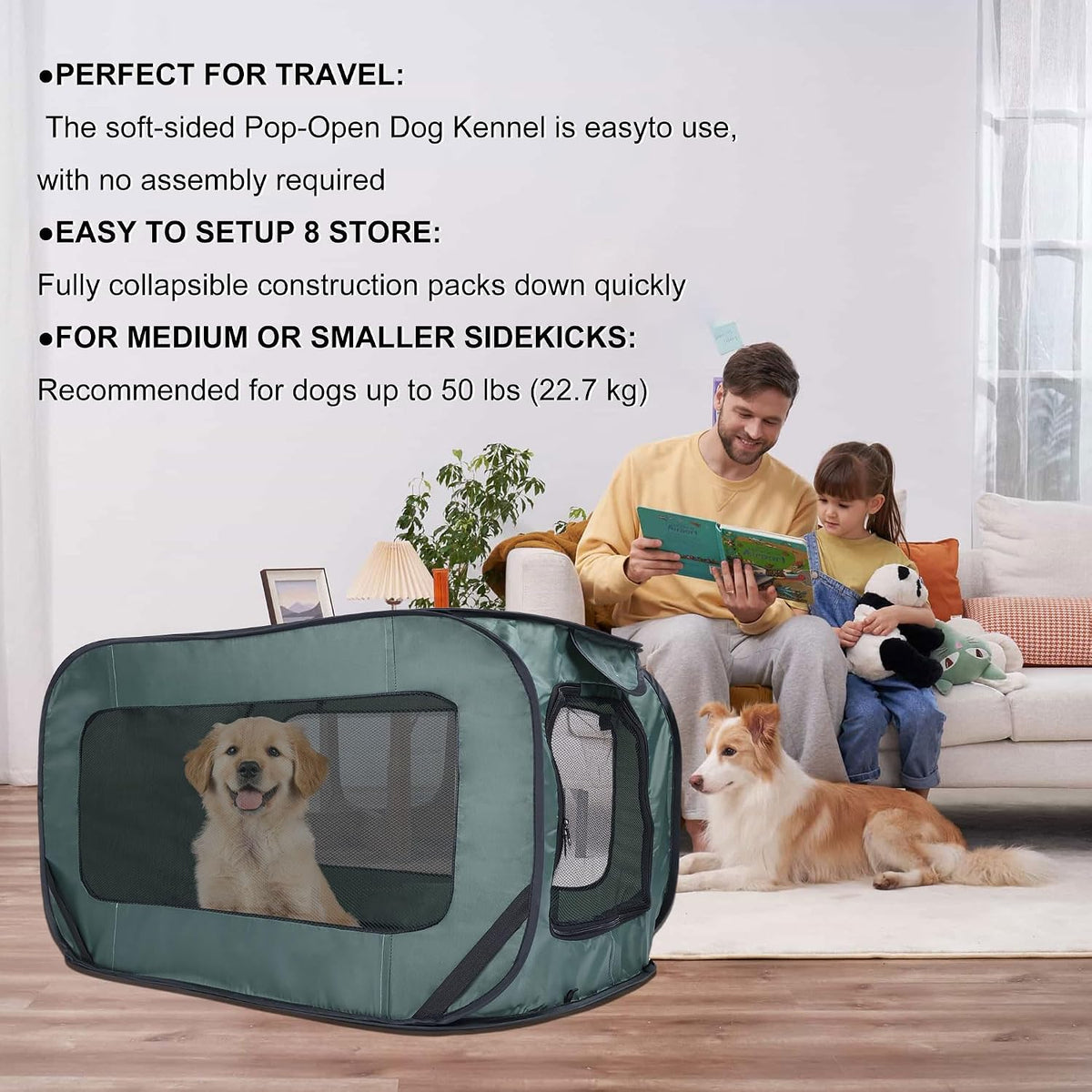 Foldable Dog Kennel for Medium Dogs 36-Inch, Portable Waterproof Dog Crate, Pop-Up Indoor/Outdoor Pet Cage & Car Seat Travel Bed, Green