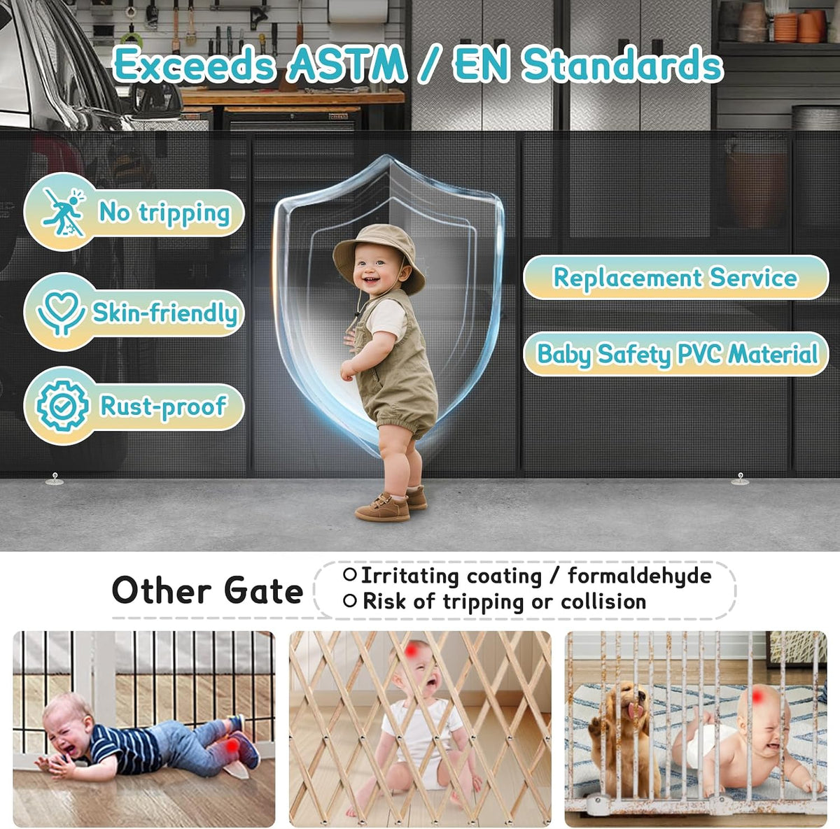 236'' Retractable Baby Gates Extra Wide, 42'' Extra Tall Retractable Dog Gate, 20 FT Black Indoor/Outdoor Retractable Gate with Reinforcement Rods for Garage, Doorways, Stairs, Decks, Driveway, Patio