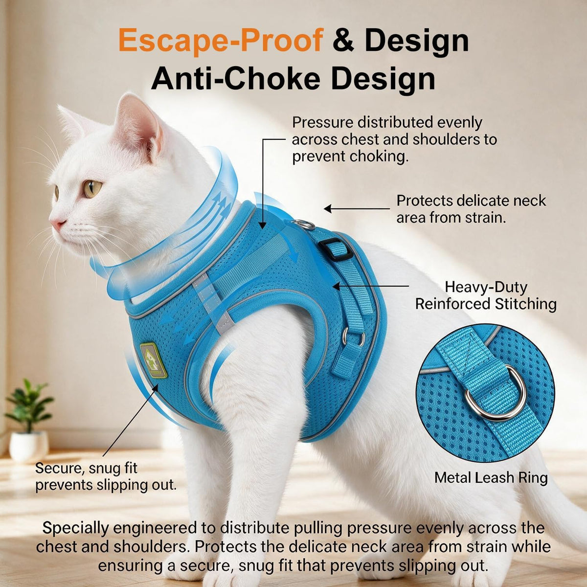 Escape Proof Adjustable Cat Harness and Leash Walking Vest (Blue-S)