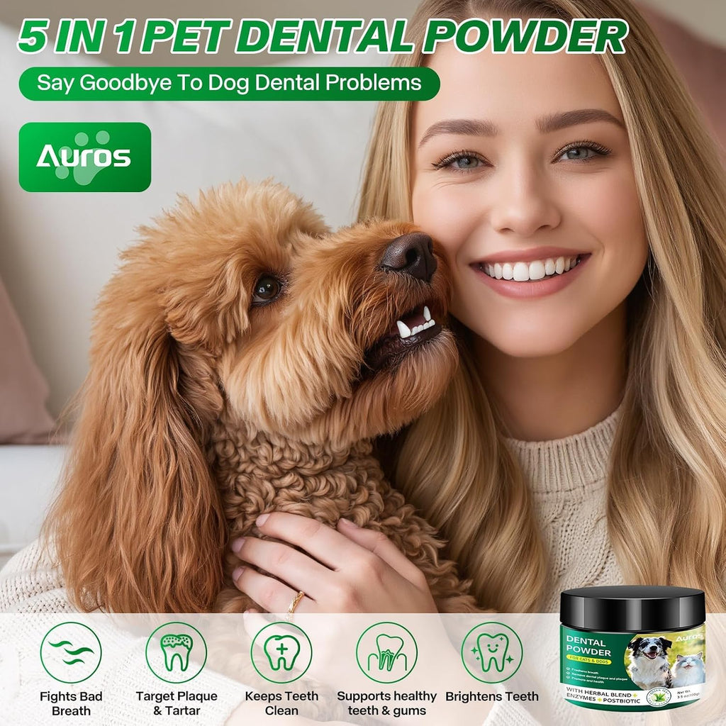 Dog Dental Powder for Teeth Cleaning Plaque & Bad Breath Off, Dental Powder for Dogs Teeth with Natural Herbal Blend & Postbiotics, Dog Teeth Cleaning Powder with Enzymes for Dogs & Cats (3.5oz)