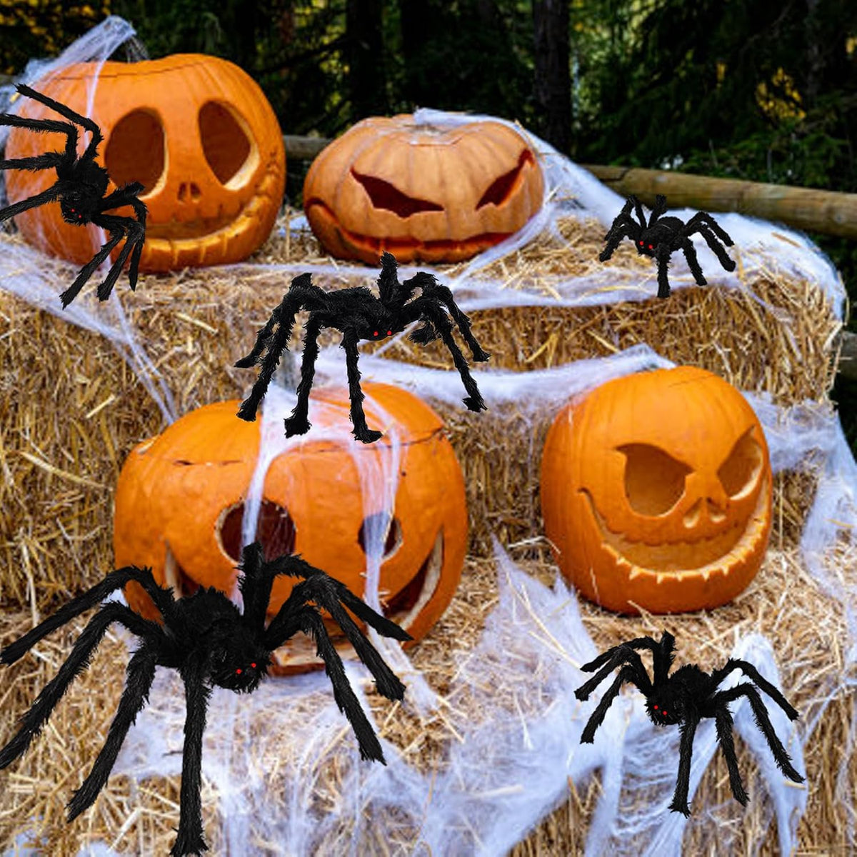 BILLMOSS Halloween Spider Decorations Outdoor - 5 PCS Giant Realistic Hairy Scary Spider Set, Creepy Indoor Yard Home Decor (5 Different Sizes)