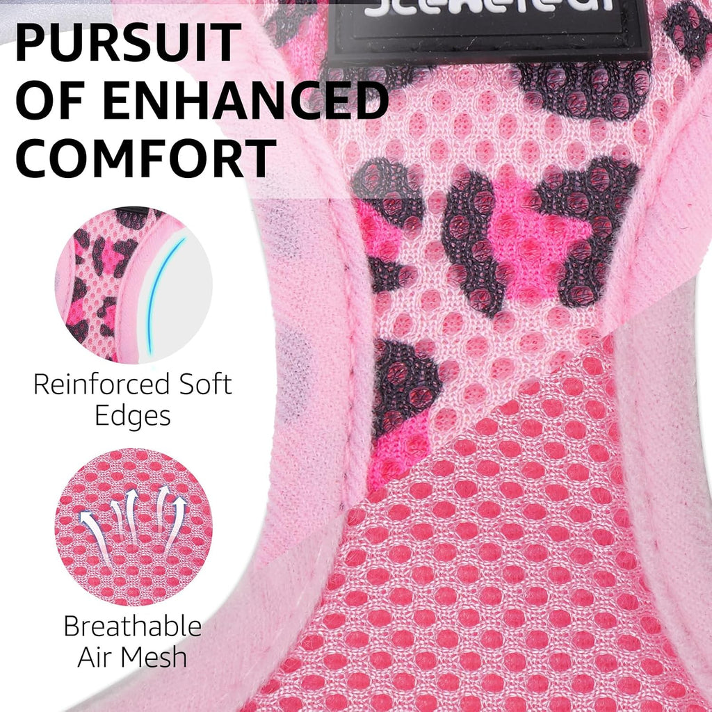 SCENEREAL Cat Harness & Leash Set Escape Proof - Adjustable Air Mesh Vest with Reflective Strips for Kittens, Puppies, Rabbits, Pink Leopard M