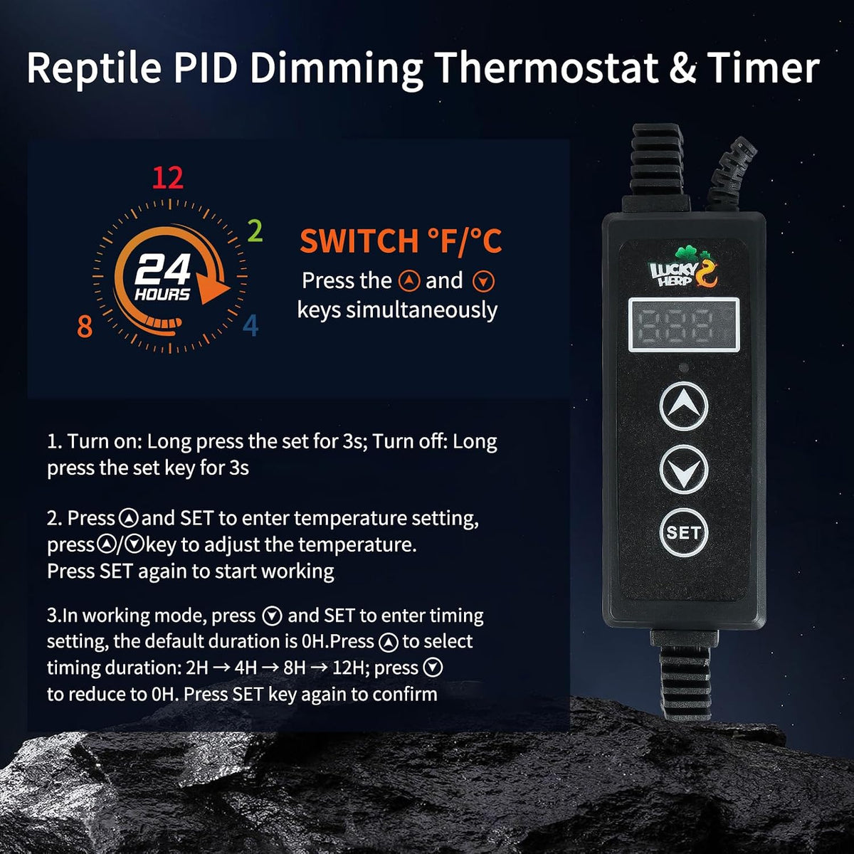 LUCKY HERP Reptile Light Fixture with Dimming Thermostat & Timer, Aluminum 5.5inch Deep Dome Reptile Lamp Fixture, Heat Lamp Fixture for Reptile Bulb Basking Heat Bulb, Max 100W