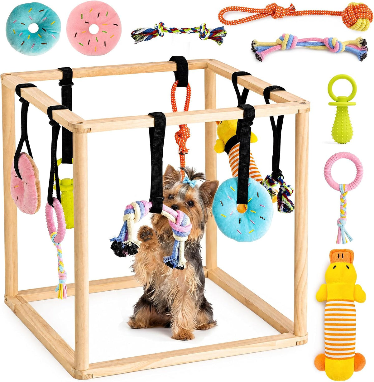 Puppy Play Gym for Small Dogs, Wooden Indoor Dog Playground with Hanging Toys, Interactive Puppy Gym & Jungle Gym for Enrichment, Agility Equipment (17.3 inch)