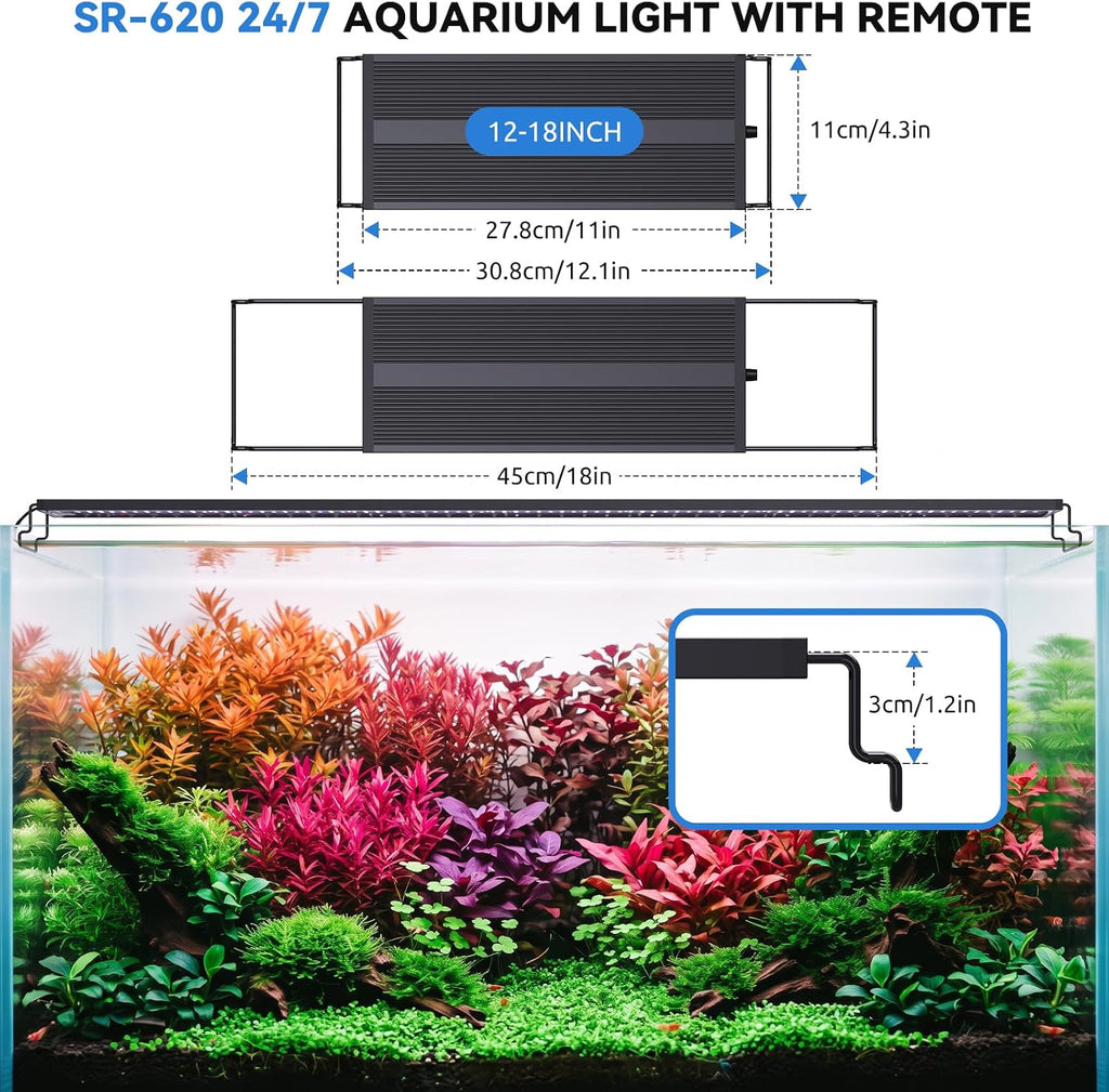 SEAOURA 2.4G Wireless Remote Aquarium Light, 12-18 Inch, Full Spectrum Fish Tank Light for Freshwater Plants, Auto ON/Off, 20-Brightness, 24/7 with Timer and Day/Night & DIY Mode, Power Off Memory