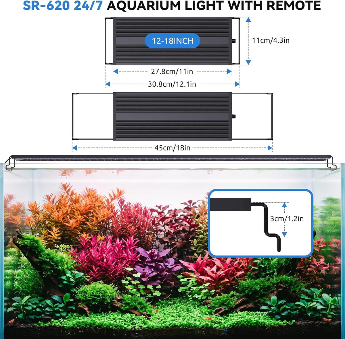 SEAOURA 2.4G Wireless Remote Aquarium Light, 12-18 Inch, Full Spectrum Fish Tank Light for Freshwater Plants, Auto ON/Off, 20-Brightness, 24/7 with Timer and Day/Night & DIY Mode, Power Off Memory