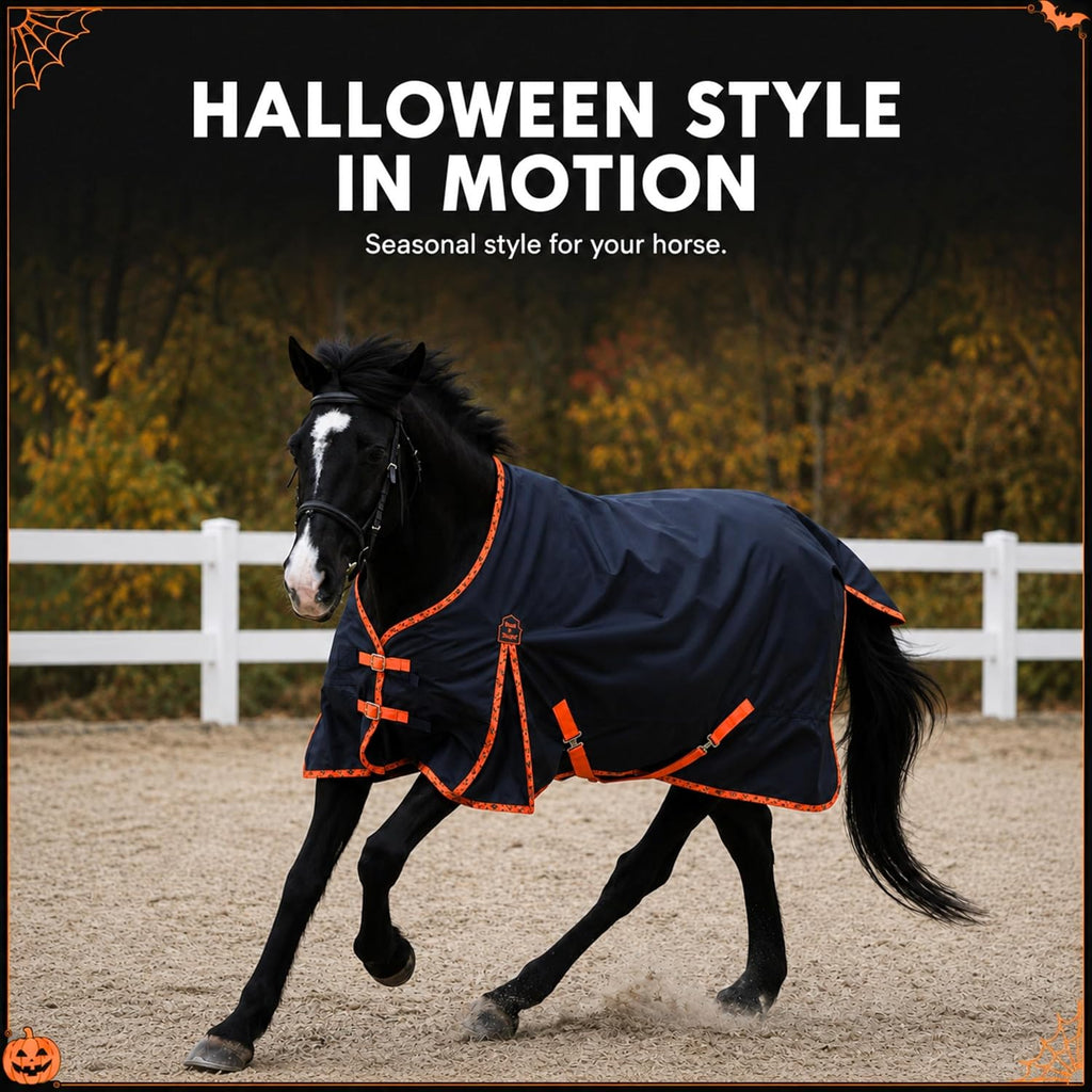 BARN & STABLE 600D Ripstop Lightweight Horse Turnout Sheet No Fill,Water-Resistant & Breathable Horse Blanket for Spring and Mild Weather, with Anti-Rub Fleece Withers (Halloween, 78 in)