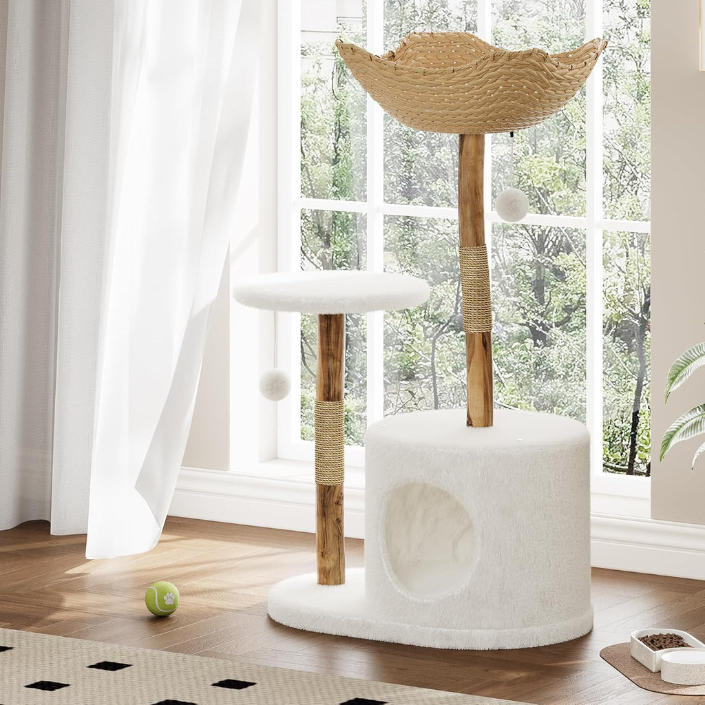 46" Cat Tree Tower with Bed - Wooden Cat Tower with Scratching Posts, Platforms, Spacious Wicker Basket, Pom Pom Balls - Indoor Cat Condo & Furniture for Kittens and Cats
