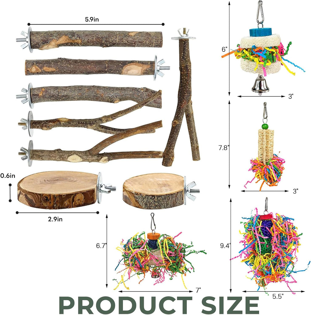 12 Pcs Natural Bird Perches and Shreddable Parakeet Toys, Essential Parrot Cage Accessories with 8 Wood Standsand 4 Shreddable Parakeet Toys, Foraging Shredder and Bird Accessories for Cages