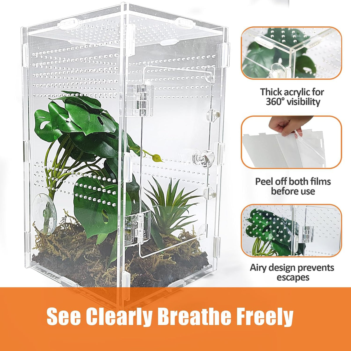 Acrylic Jumping Spider Enclosure Large 6”x6”x10” with Front Door, Arboreal Tarantula Enclosure, Praying Mantis Habitat for Spider, Mantis, Snail, Tarantula, Isopods, Beetles, Millipedes
