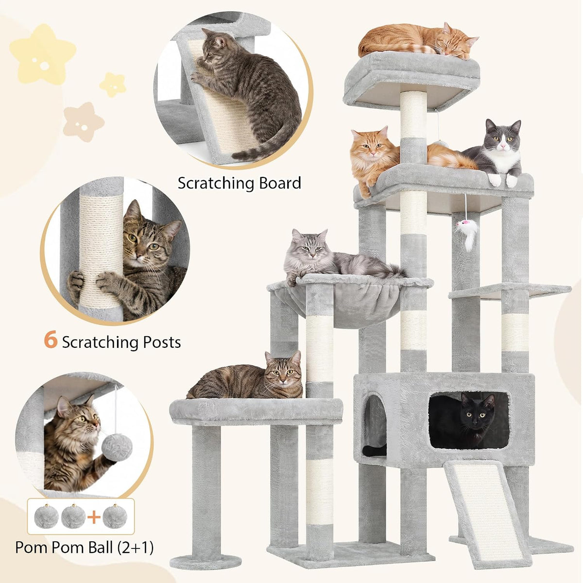 Gitelsnour 63'' Sturdy Cat Tree, Multi-Level Tower, Large Hammock, GCT805W