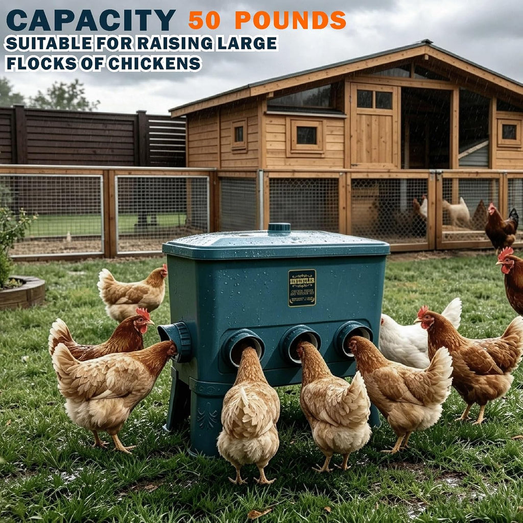 ZINZINULER Large Automatic Chicken Feeder and Waterer Set, Feeds 6 Hens for 15-20 Days, 9 Gallon Water with 5 Cup, 50 Pound Feed with 8 Feeding Ports, No Waste Poultry Feeder