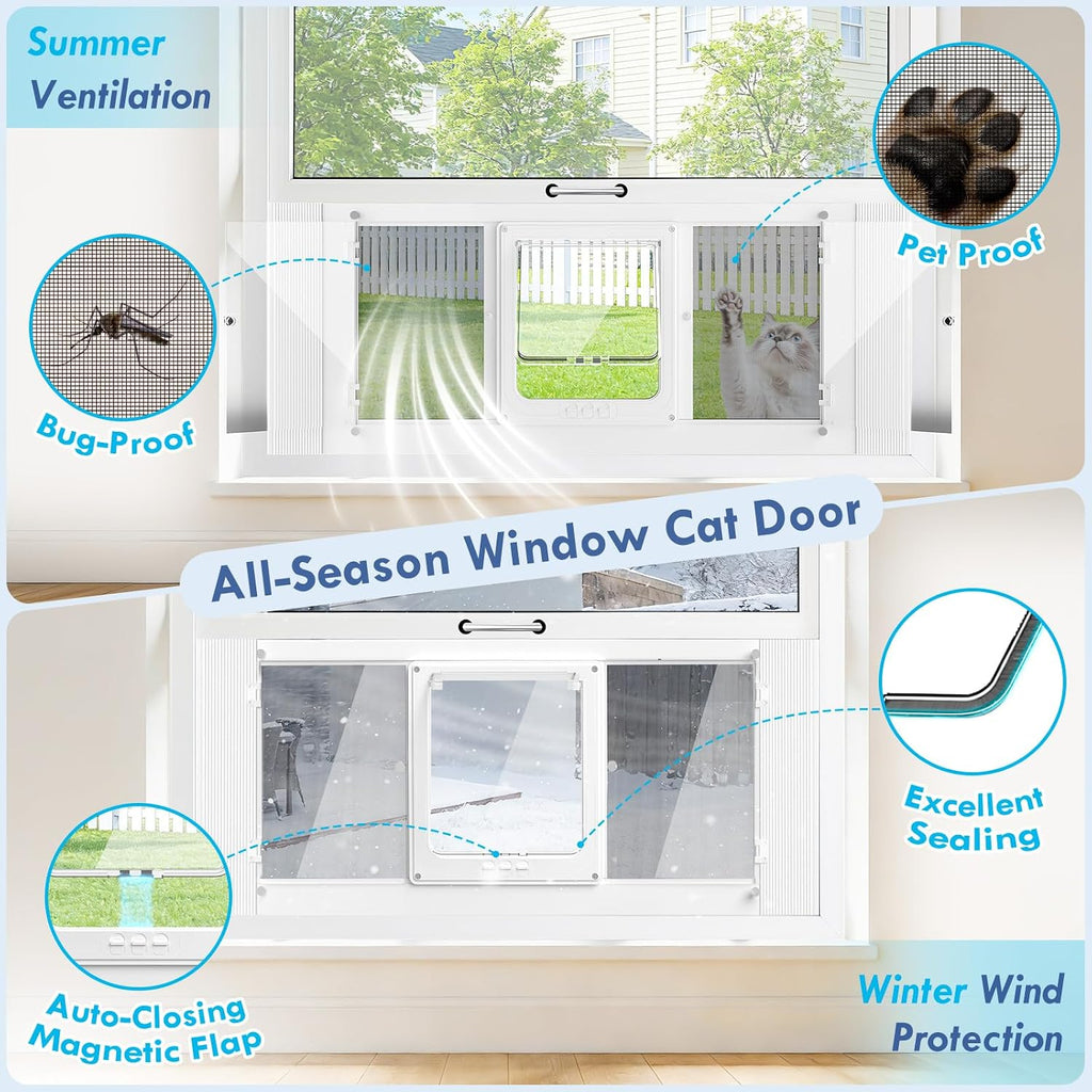 All Season Cat Door for Window with Screen Mesh & Clear Acrylic Panel,36"-40" Adjustable Width,Magnetic Closure Weatherproof Window Pet Door,Aluminum Frame Window Cat Door Insert for Sliding Windows