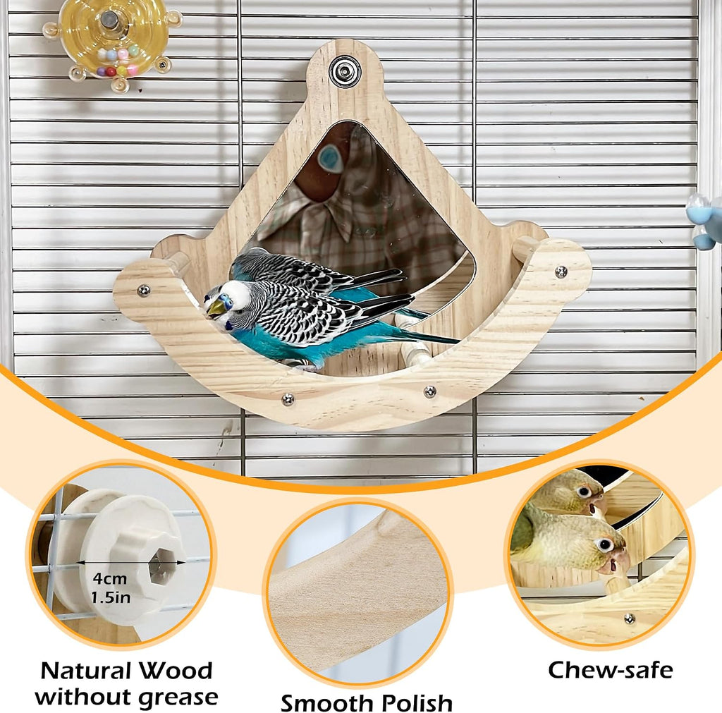 Wooden Bird Perch Swing Toy Combo with Mirror & 360° Spin, Interactive Enrichment Activity Gym Cage Accessories for Parakeet, Cockatiel, Parrot, Budgies, Conure, Lovebird