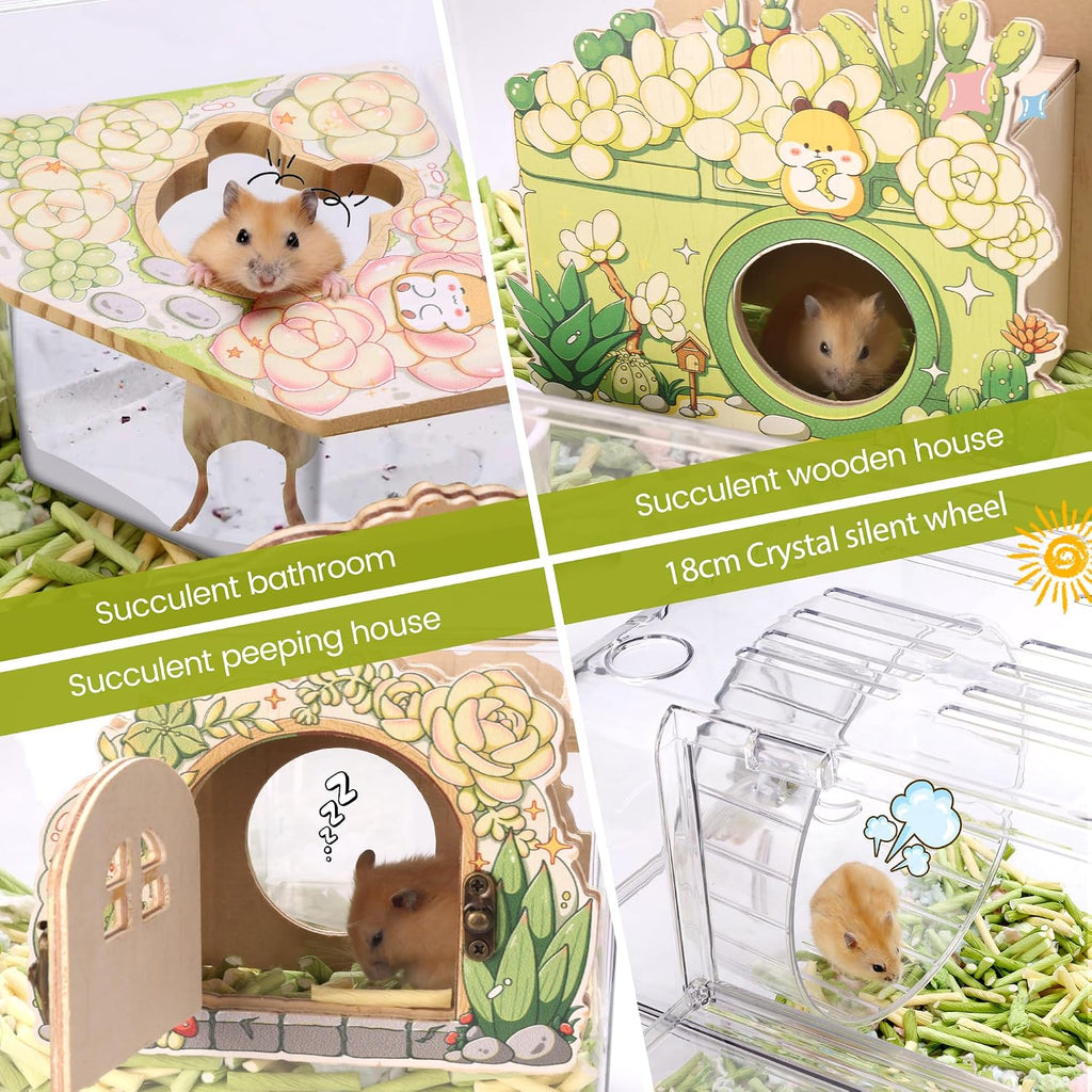 Acrylic Hamster Cage with All Accessories,Dwarf Hamster Cage with Stand,Syrian Mouse Cage for pet mice,Rat Cage for Hamster,Succulent Style Hamster House（20''L*11.5''W*10.5''H）
