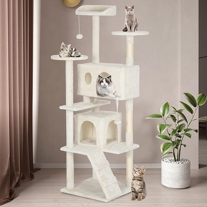 BestPet | 62" Cat Tree Tower | Beige | Sturdy, Hanging Cat Toys, Observation - Image 2
