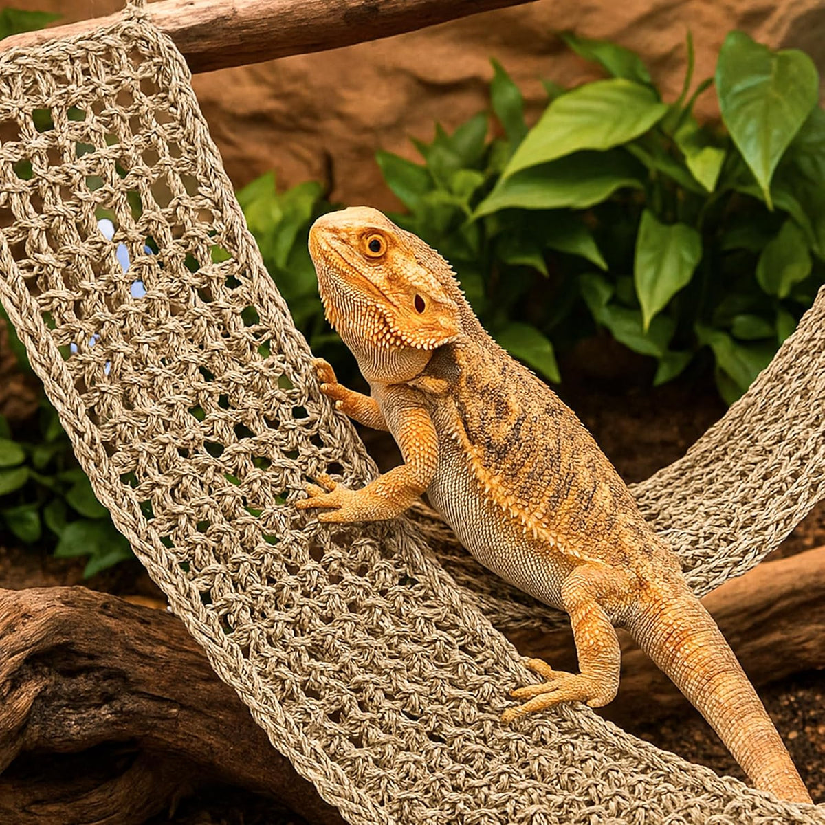 2 Pcs Bearded Dragon Hammock Reptile Lounger, Natural Seagrass Climbing Habitat Decor with Jungle Theme for Lizards, Geckos, Snakes, Iguanas, Amphibians and Terrarium