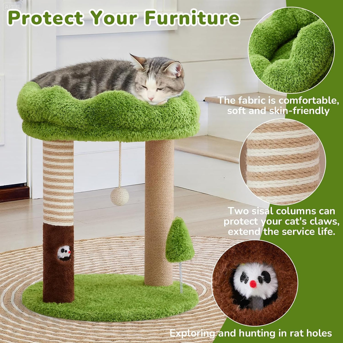 WOOCHPET 21" Small Cat Tree  with 2 Scratching Posts and Perch Bed