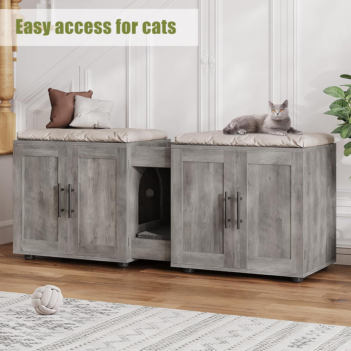 TrailBlaze Double Compartment Cat Litter Box Enclosure Cabinet for 2 Cats, Hidden Wooden Cat Washroom Furniture, Large Capacity Multi Purpose Side End Table & TV Stand for Living Room- Grey