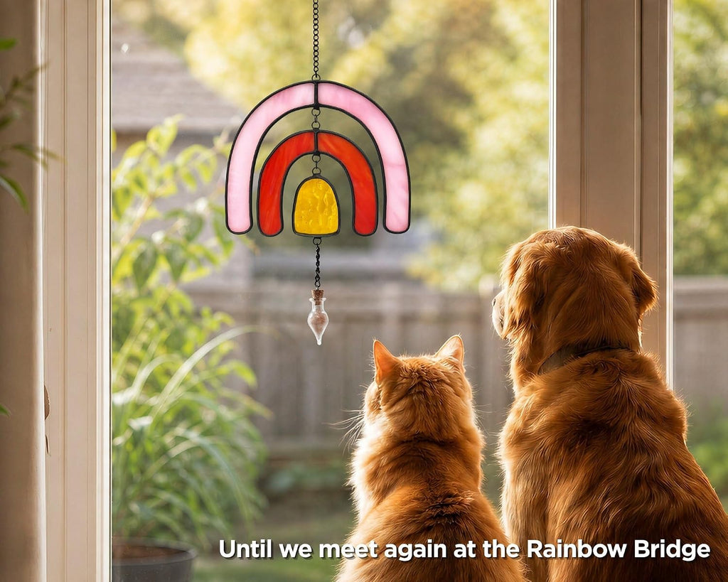 Rainbow Bridge Pet Memorial Gift for Loss of Dog, Stained Glass Jar & Bottle for Fur, Hair, Whiskers or Ashes Keepsake Urn, Sympathy Gift for Pet Bereavement & Remembrance - Pink