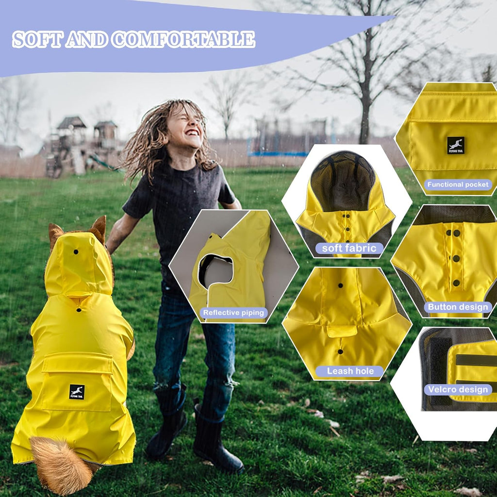 Dog Raincoat Waterproof Reflective Jacket – Lightweight Hooded Poncho with Adjustable Belly Strap & Leash Hole – Rain Slicker Coat for 2XSmall-5XLarge Dogs – Easy to Wear (Yellow XX-Large)