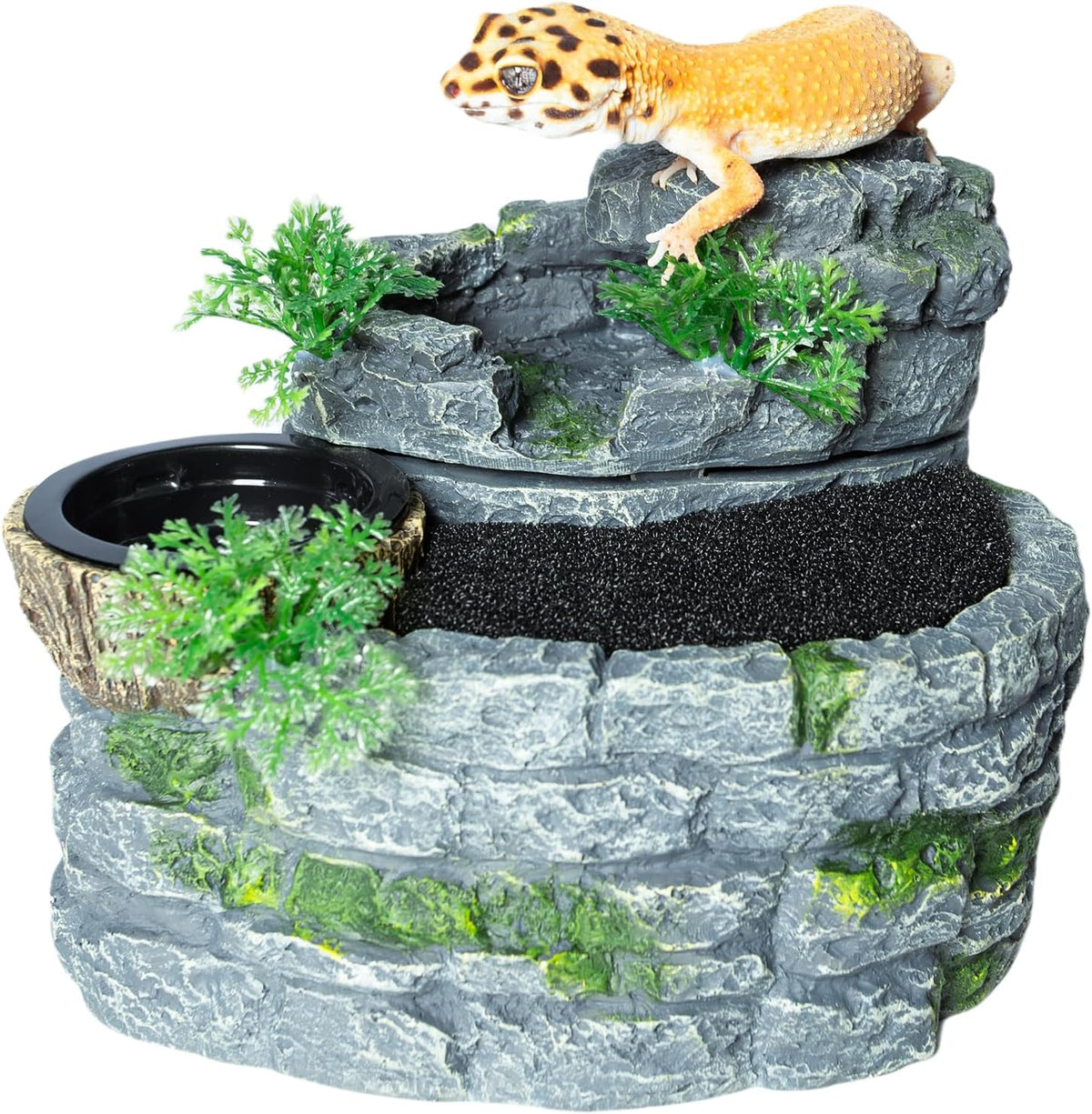 500ML Reptile Waterfall Fountain, Reptile Water Drinking Fountain for Bearded Dragons, Geckos & Lizards – Terrarium Waterfall with Feeding Bowl, Flowing Water, Natural Resin