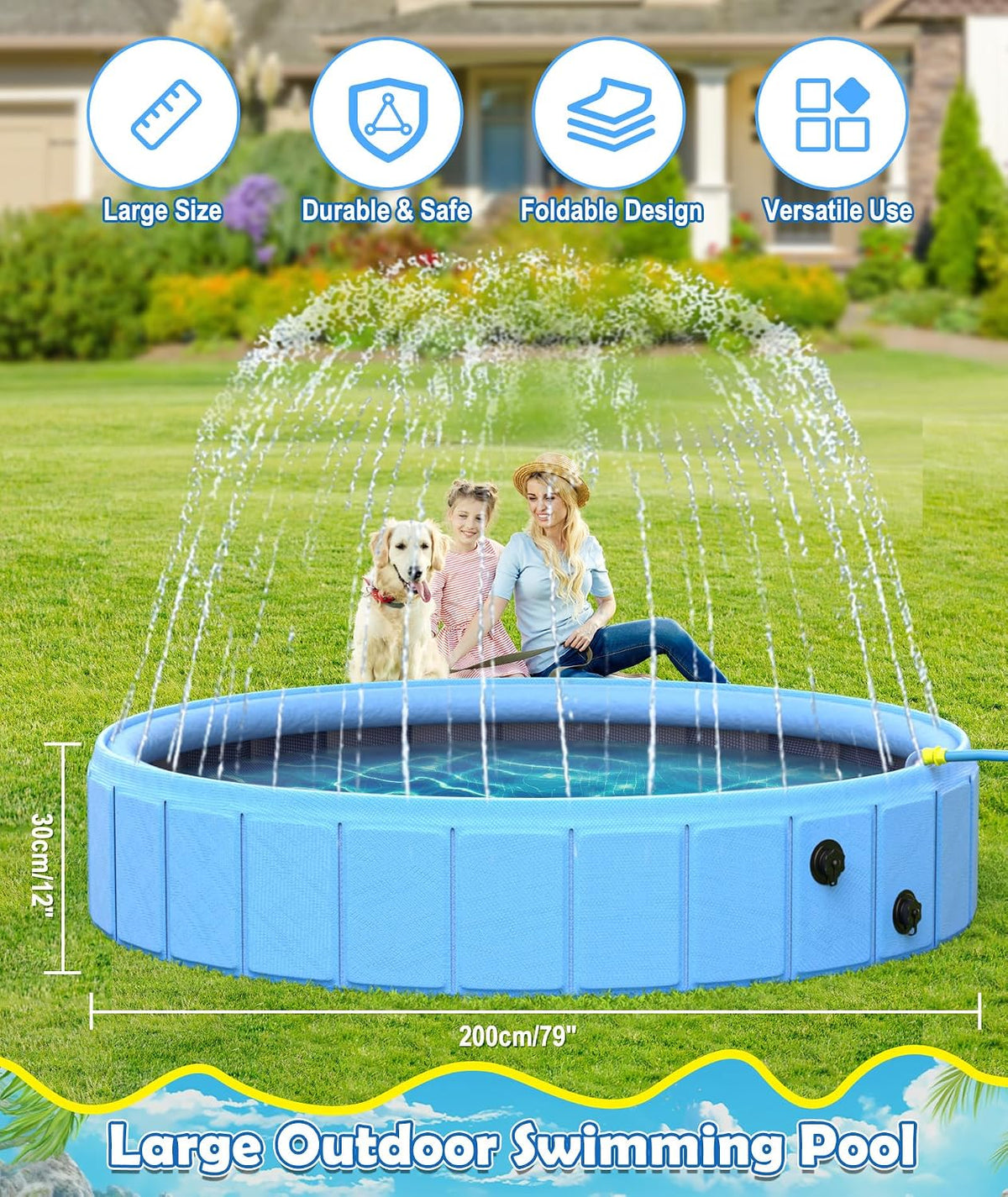 EPN Foldable Dog Pool with Sprinkler, Large Non-Slip PVC Pet Bath, 79 Inch