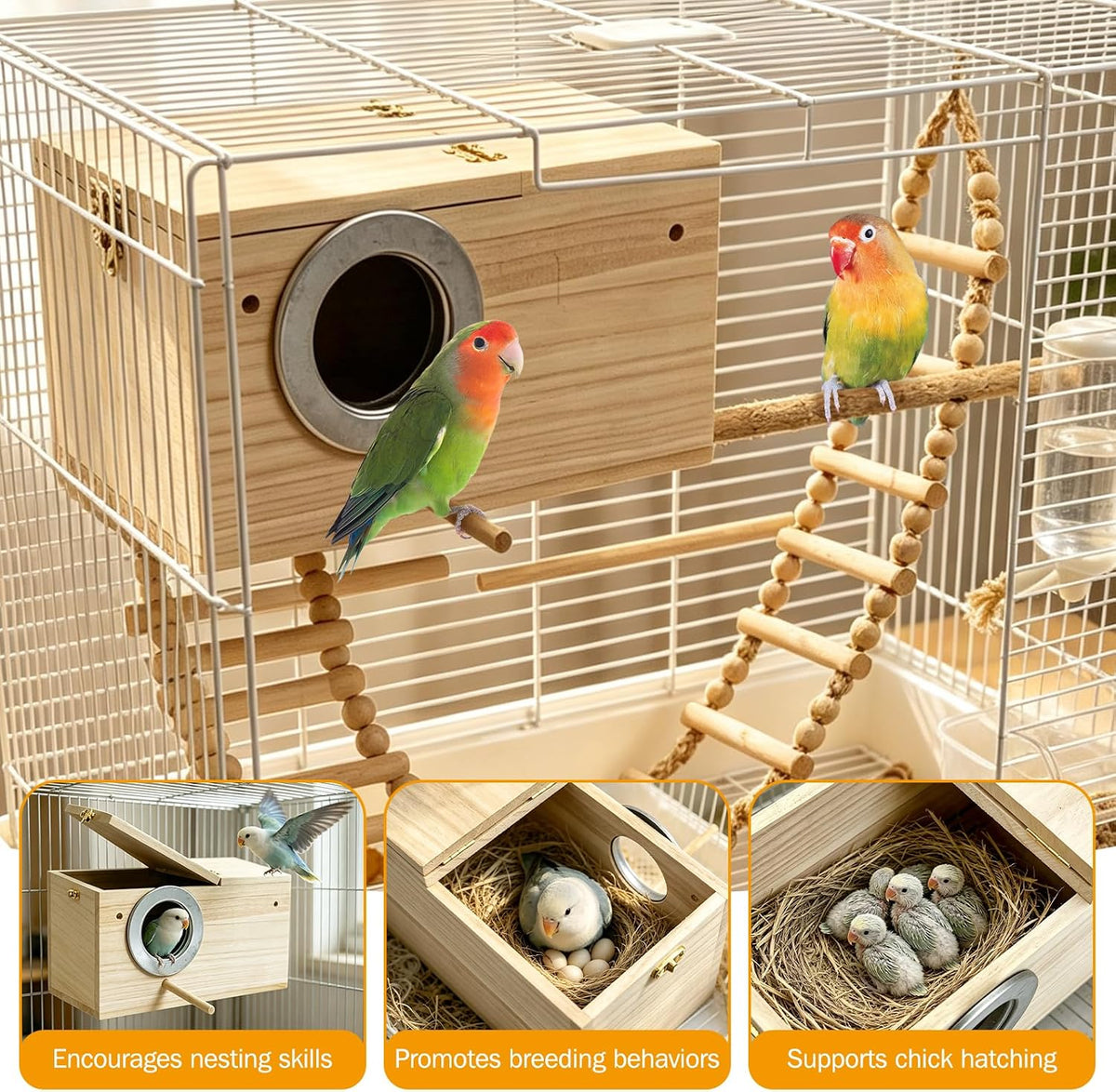 Parakeet Nesting Box, Bird Nest Breeding Box Cage Wood House for Finch Lovebirds Cockatiel Budgie Conure Parrot (M:9.6"×5"×5")