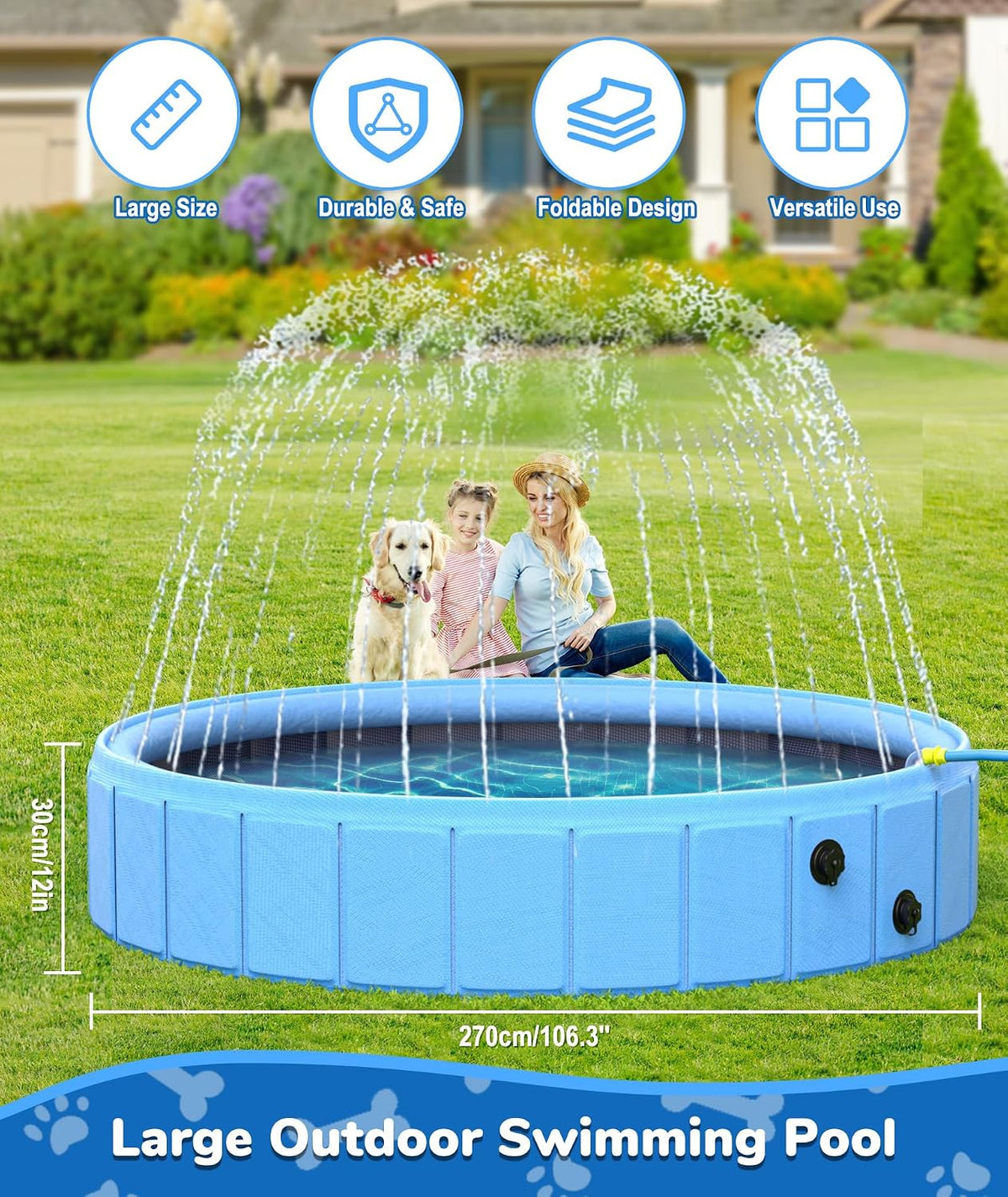 EPN Large Foldable Dog Pool – Heavy Duty Portable 2-in-1 Pet Pool Bathtub & Dog Sprinkler Pool, 0.55MM PVC Non-Slip Bottom, Outdoor Summer Water Toy for Dogs, Cats, Kids (106'')