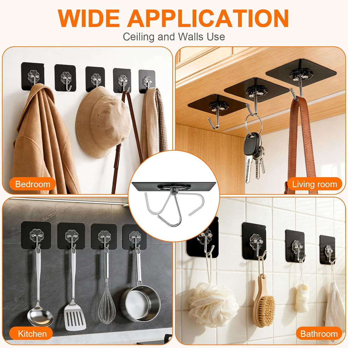 DDMY Black Adhesive Wall Hook for Hanging Heavy Duty Sticky Hooks 24 Pack