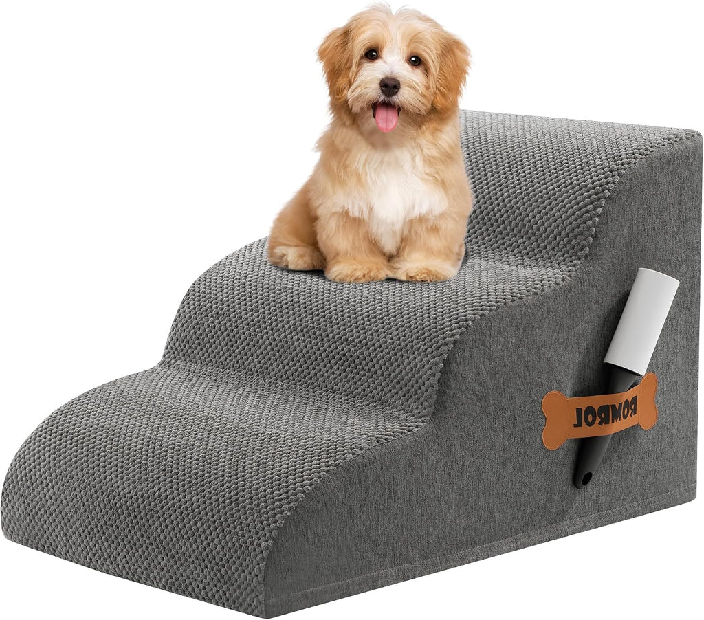 Romrol Dog Stairs Ramp for High Beds Couches, High Density Foam Pet Steps with Durable Non-Slip Waterproof Fabric Cover, Dog Stairs for Small Dogs or Cats or Pets, 3-Step,15 Inch,Light-Grey