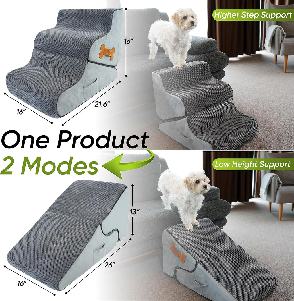 Dog Stairs for Bed & Couch – 2-in-1 Foldable Dog Stairs and Ramp (Gray (as Shown))
