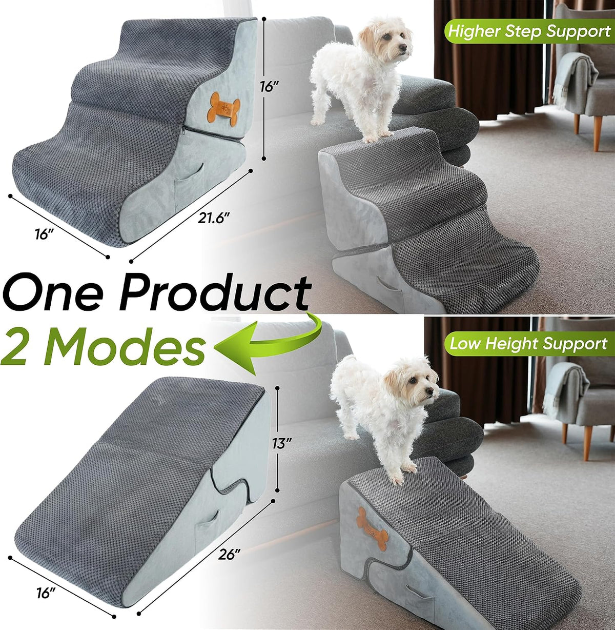 Dog Stairs for Bed & Couch – 2-in-1 Foldable Dog Stairs and Ramp (Gray (as Shown))
