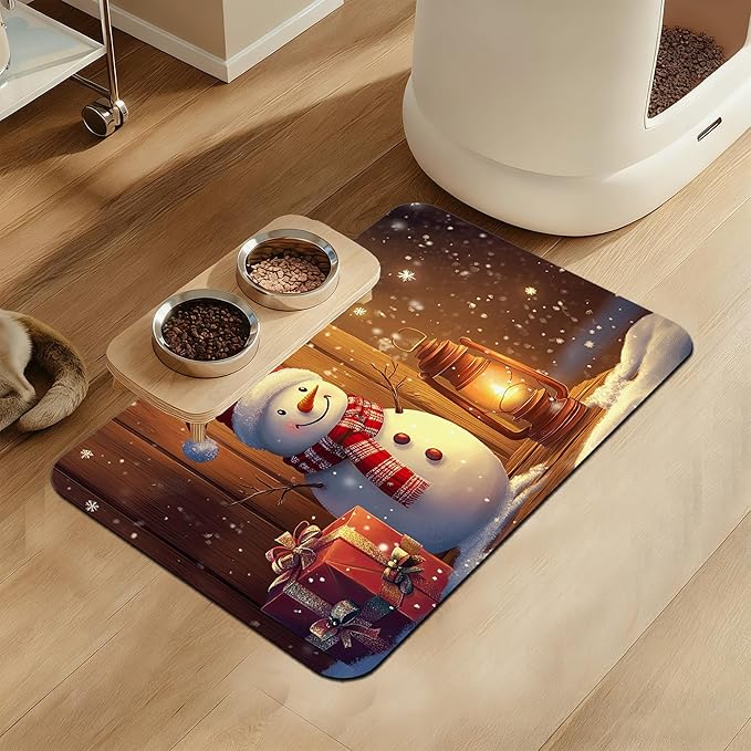Chirstmas Gifts Dog Cat Food Mat, Cute Snowman Absorbent Waterproof Placemat by LUTASER