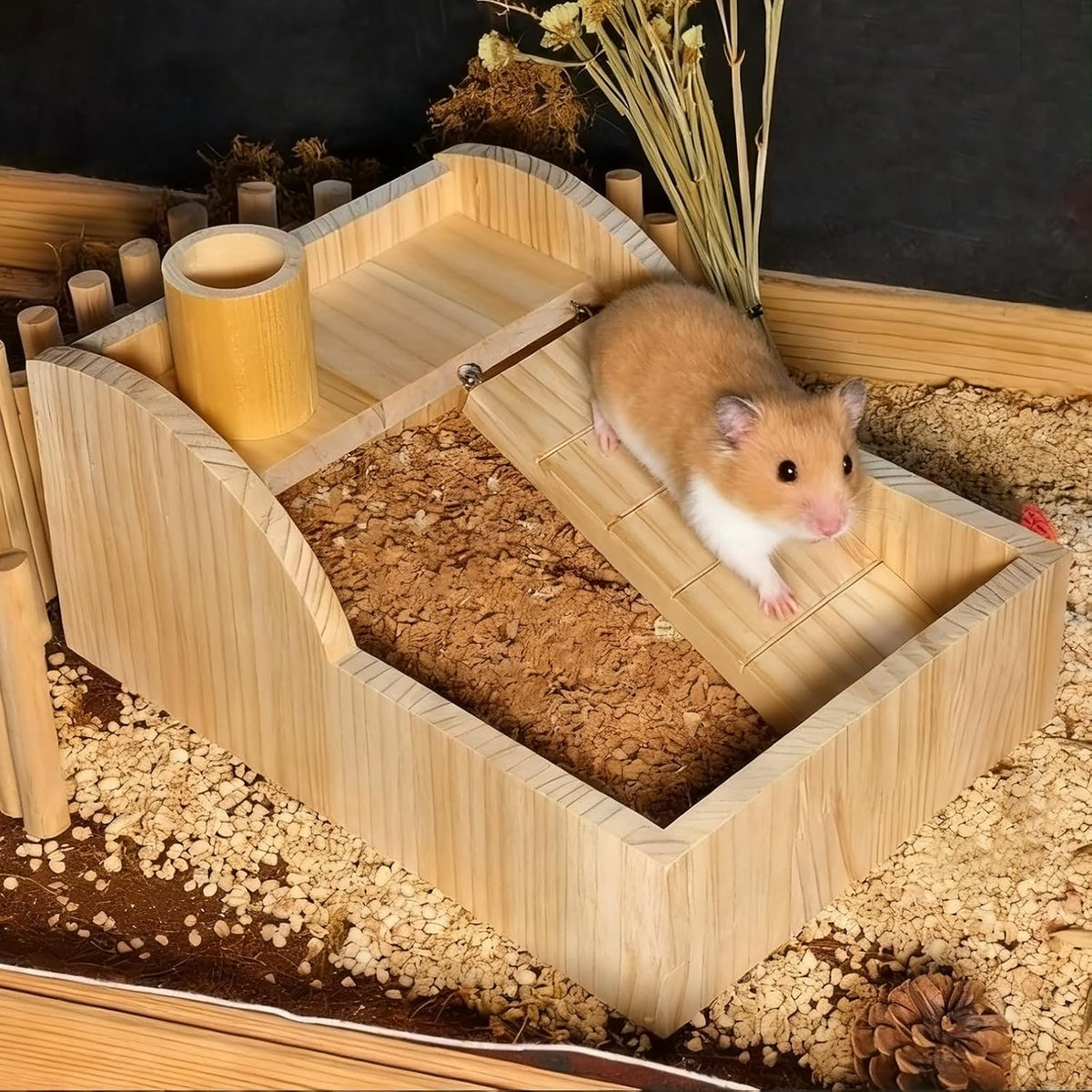 Wooden Hamster Sand Bath Container Digging Box Gerbil Climbing Platform