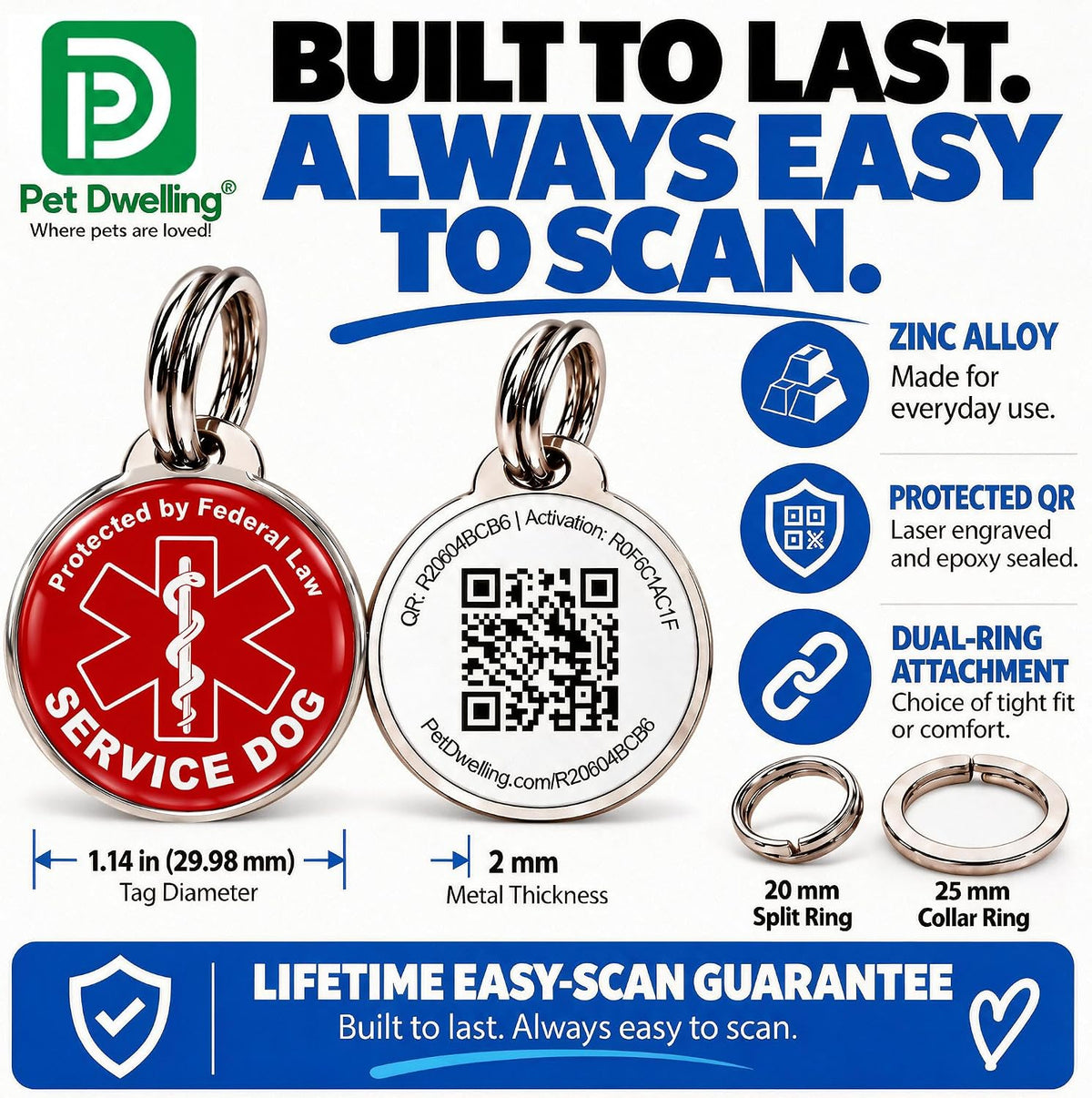 Pet Dwelling Service Dog Tag with QR Code & Medical Symbol