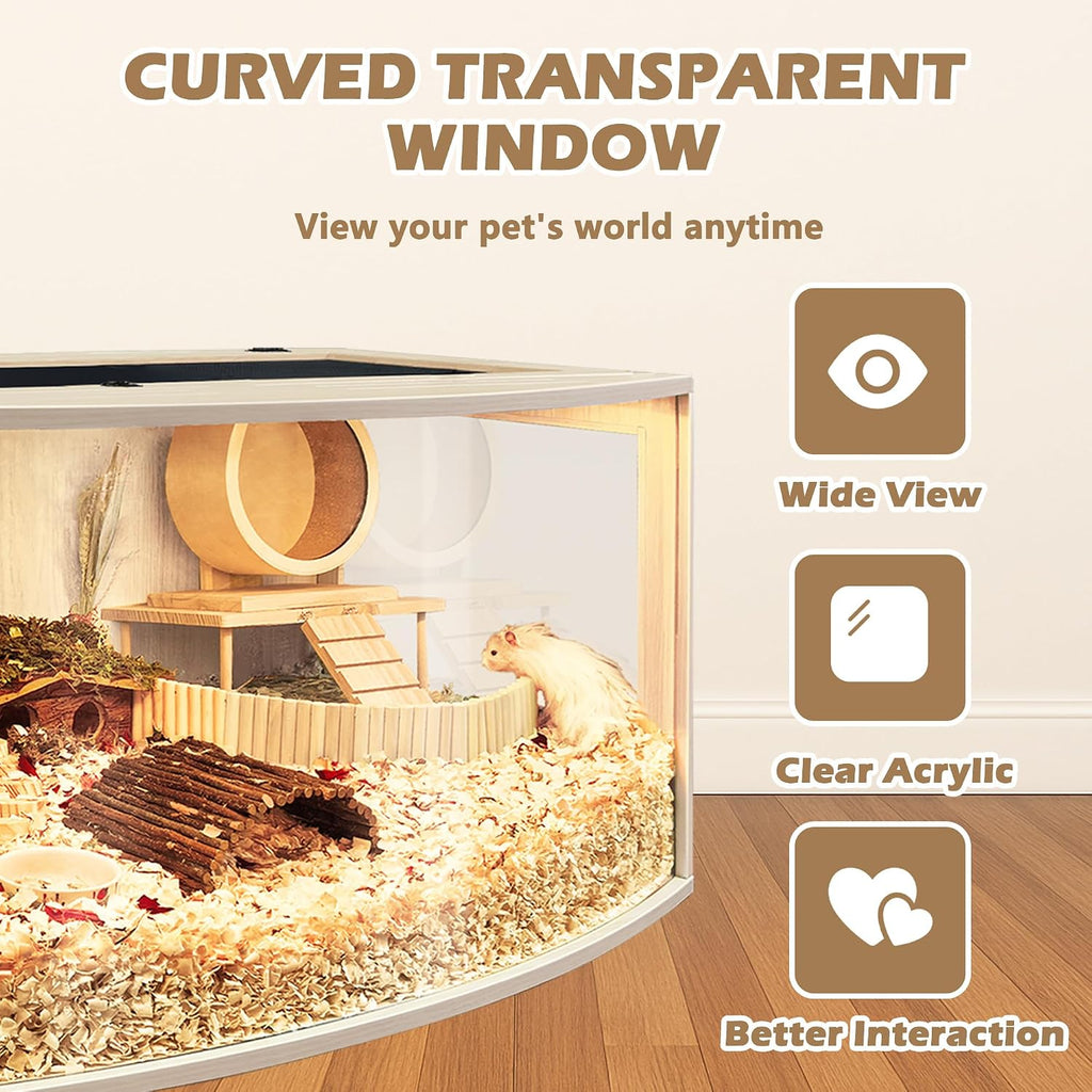 Prolee Hamster Cage Chew Proof Wood, Hamsters Enclosure Openable Top with Curved Design,Waterproof Small Animals Cage with Acrylic Sheets for Gerbils,Hamster Habitat(24 Inches)
