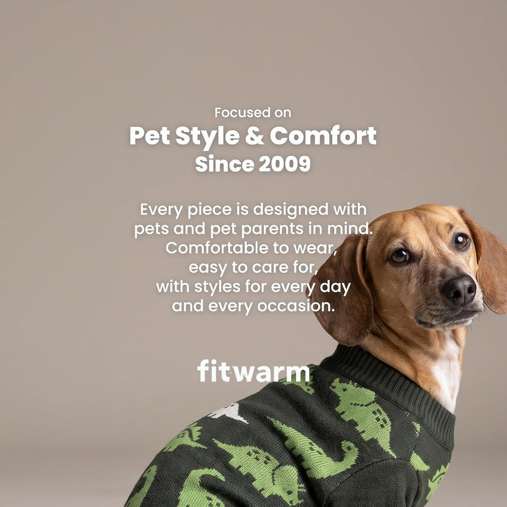 Fitwarm Dinosaur Dog Jacquard Sweater, Knitted Winter Clothes for Small Dogs Boy Girl, Cozy Pet Outfit, Dark Green, Olive, White, Medium