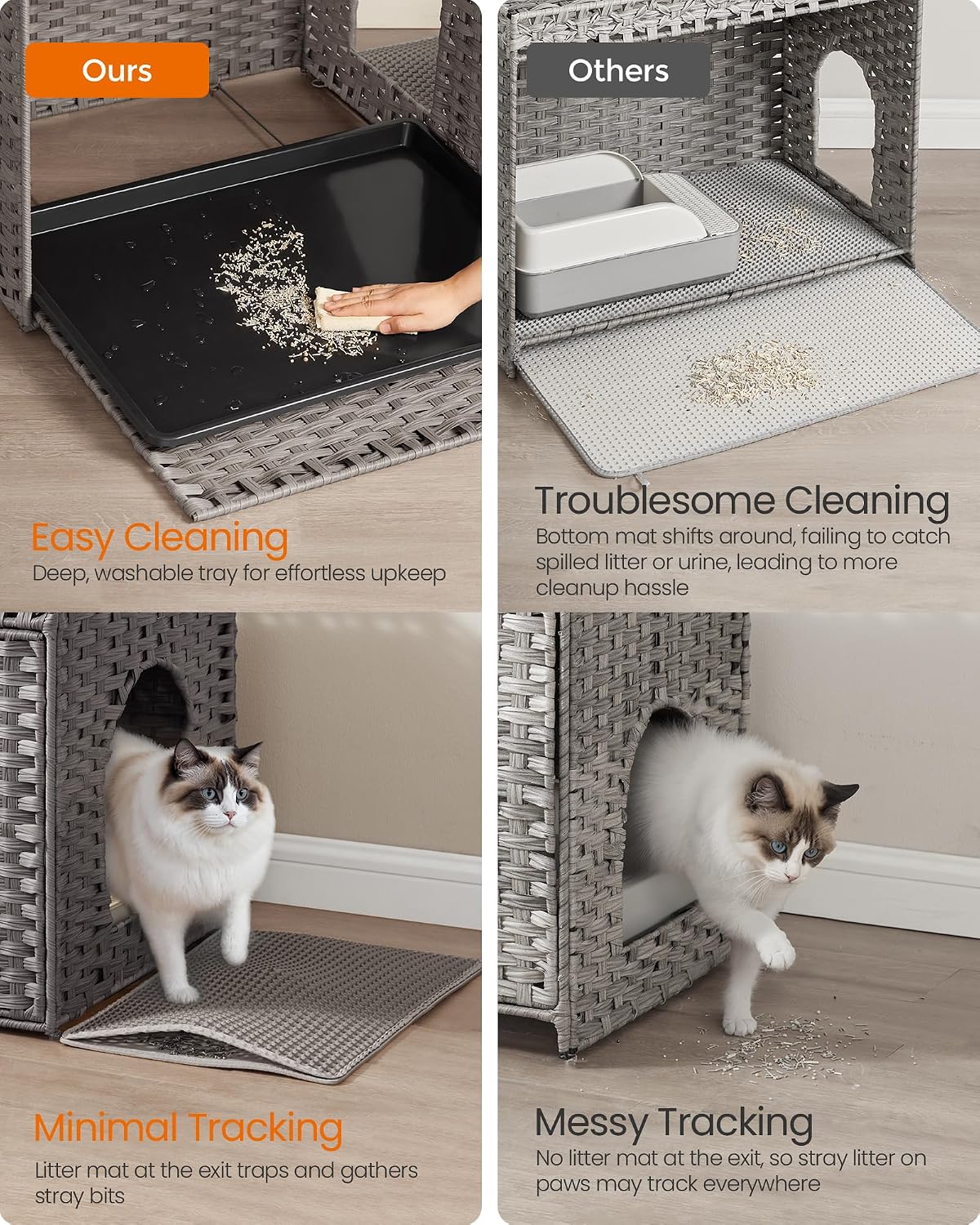 Feandrea Cat Litter Box Enclosure, Handwoven Rattan End Table, Extra Mat