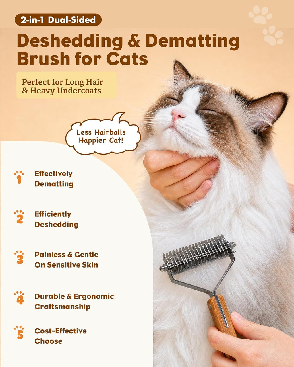 Deshedding & Dematting Brush for Cats, Cat Brush for Long Haired Cats, Professional 2-in-1 Undercoat Rake for Shedding, Efficiently Removes Loose Hair & Tangles, Safe Detangler for Matted Fur
