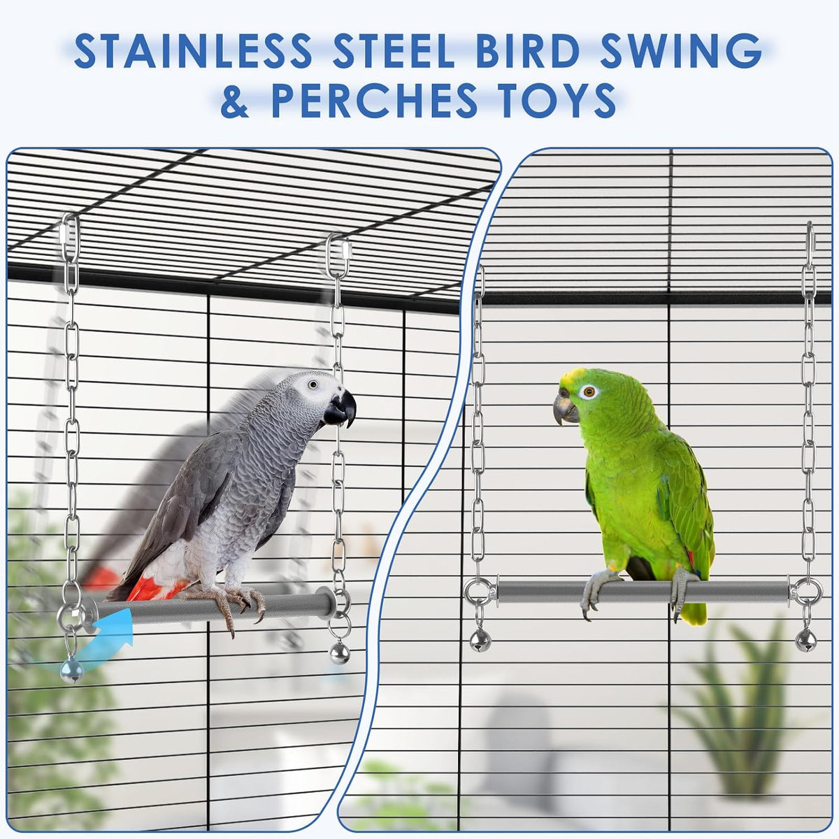 DBNESS Stainless Steel Large Bird Swing, Hanging Heavy Duty Parrot Swings Perches Stand Toys with Bell, Claw Grinding Birdcage Accessories for Macaw Afican Grey Amazon Cockatoo