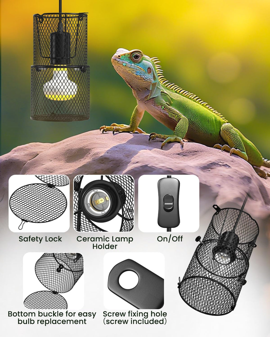 GlowUp Retractable Reptile Heat Lamp Lampshade Holder,150 Watt Ceramic Heat Emitter Guard with Anti-hot Bracket,ON/Off Switch for Chick,Lizard,Snake,Turtle,Plant (Bulb Not Included)