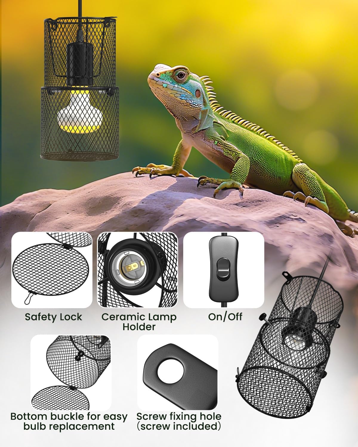 GlowUp Retractable Reptile Heat Lamp Lampshade Holder,150 Watt Ceramic Heat Emitter Guard with Anti-hot Bracket,ON/Off Switch for Chick,Lizard,Snake,Turtle,Plant (Bulb Not Included)