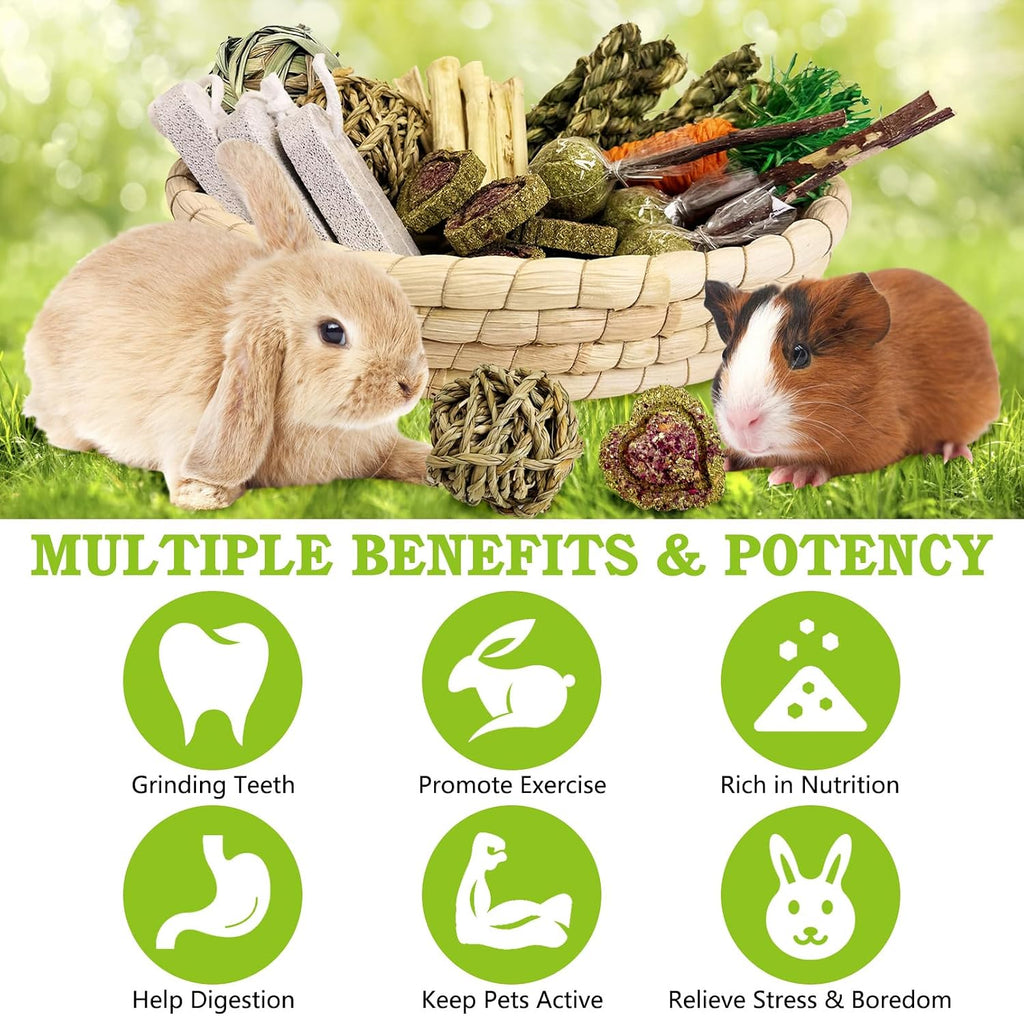 PINVNBY 30PCS Rabbit Chew Toys Set for Teeth Health Natural Bunny Enrichment for Bunnies Boredom Guinea Pig Treats Straw Basket Bunny Bed for Chinchilla Hamster Rat Gerbil