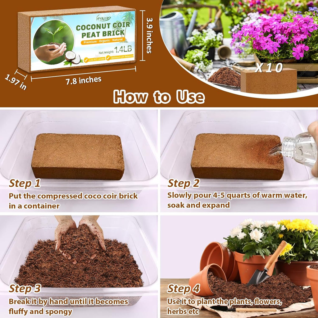 Legigo 10Pack Organic Coco Coir Brick for Plants, Natural Coconut Coir Soil