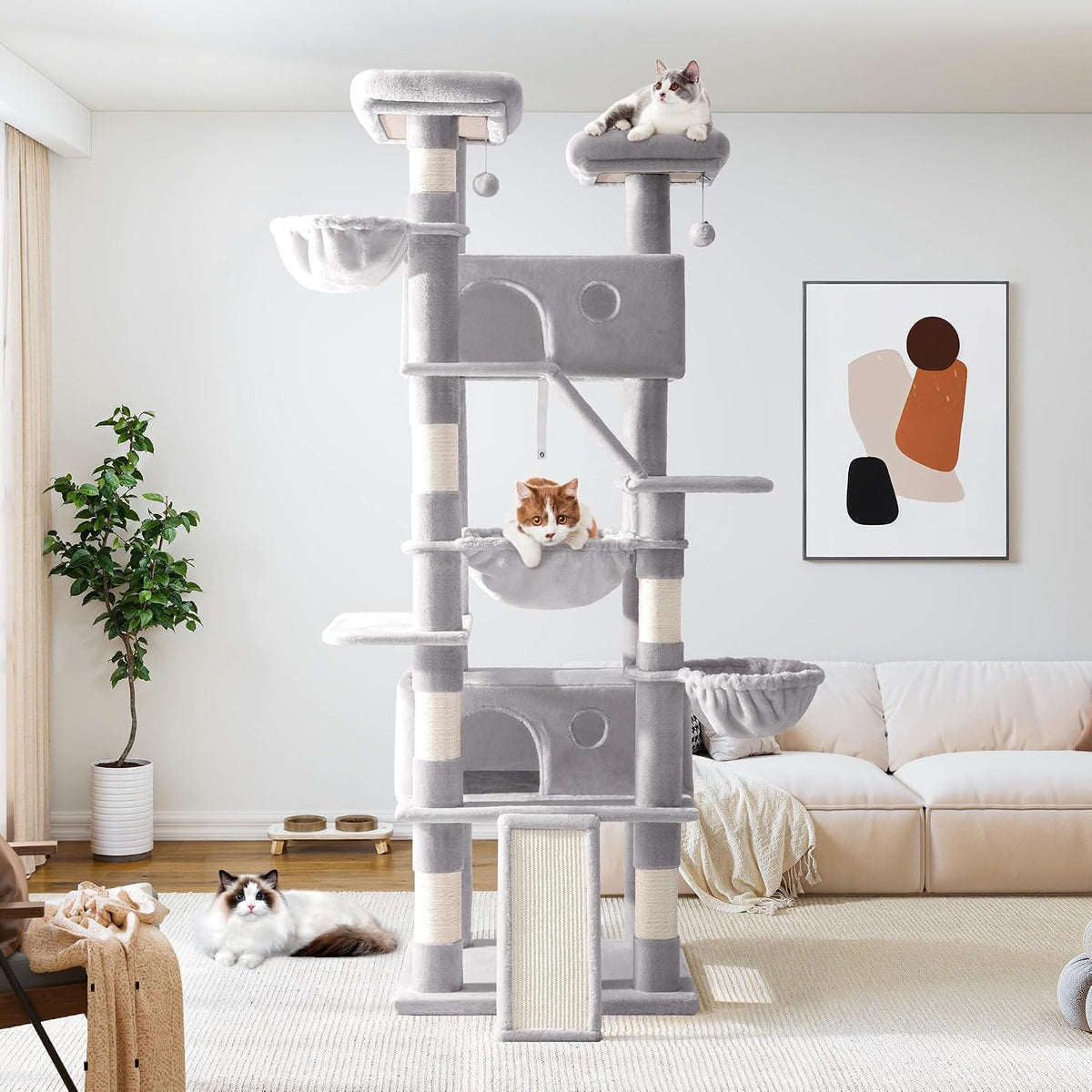 Allewie 81 Inches Tall Cat Tree/Multi-Level Large Climbing Tree House and Towers for Big Feline/Condo and Hammock/Scratching Post/Wide Base/Grey