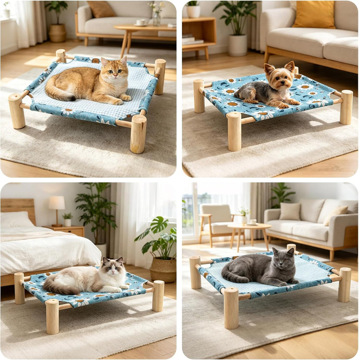 Bedside Cat Bed, Elevated Cat Bed with Double-Sided Mat, Breathable Mesh Wooden Frame, Detachable Washable Portable Bed for Small Dogs & Cats
