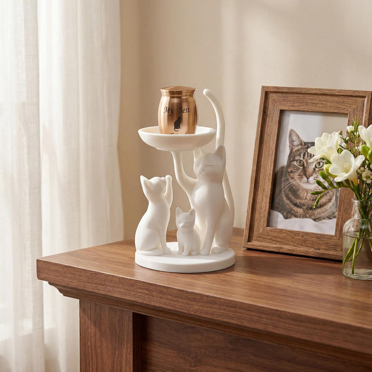 White Cat urn，Cat Memorial,Pet Urn for Cat Ashes